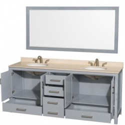 80 inch Double Bathroom Vanity in Gray, Ivory Marble Countertop, Undermount Oval Sinks, and 70 inch Mirror