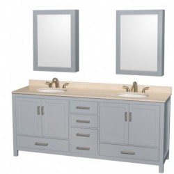 80 inch Double Bathroom Vanity in Gray, Ivory Marble Countertop, Undermount Oval Sinks, and Medicine Cabinets