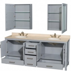 80 inch Double Bathroom Vanity in Gray, Ivory Marble Countertop, Undermount Oval Sinks, and Medicine Cabinets