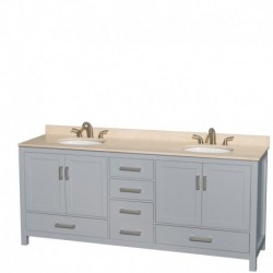 80 inch Double Bathroom Vanity in Gray, Ivory Marble Countertop, Undermount Oval Sinks, and No Mirror