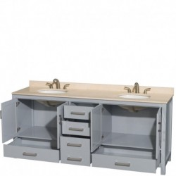 80 inch Double Bathroom Vanity in Gray, Ivory Marble Countertop, Undermount Oval Sinks, and No Mirror