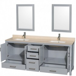 80 inch Double Bathroom Vanity in Gray, Ivory Marble Countertop, Undermount Square Sinks, and 24 inch Mirrors