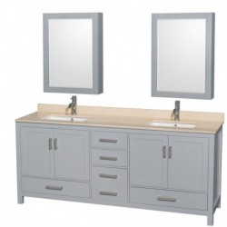 80 inch Double Bathroom Vanity in Gray, Ivory Marble Countertop, Undermount Square Sinks, and Medicine Cabinets