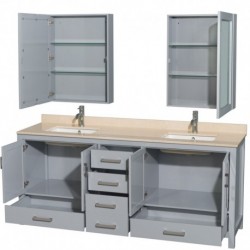 80 inch Double Bathroom Vanity in Gray, Ivory Marble Countertop, Undermount Square Sinks, and Medicine Cabinets