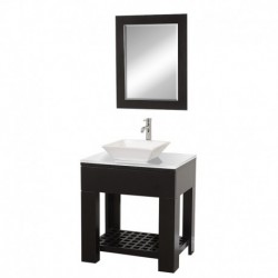 30 inch Single Bathroom Vanity in Espresso, White Man-Made Stone Countertop, Pyra White Porcelain Sink, and 24 inch Mirror