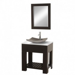 30 inch Single Bathroom Vanity in Espresso, White Man-Made Stone Countertop, Altair Black Granite Sink, and 24 inch Mirror