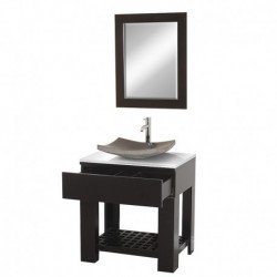 30 inch Single Bathroom Vanity in Espresso, White Man-Made Stone Countertop, Altair Black Granite Sink, and 24 inch Mirror