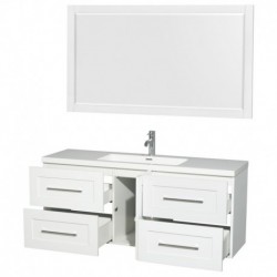 60 inch Single Bathroom Vanity in Glossy White, Acrylic Resin Countertop, Integrated Sink, and 58 inch Mirror