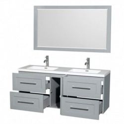 60 inch Double Bathroom Vanity in Dove Gray, Acrylic Resin Countertop, Integrated Sinks, and 58 inch Mirror