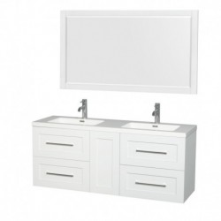 60 inch Double Bathroom Vanity in Glossy White, Acrylic Resin Countertop, Integrated Sinks, and 58 inch Mirror