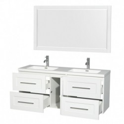 60 inch Double Bathroom Vanity in Glossy White, Acrylic Resin Countertop, Integrated Sinks, and 58 inch Mirror
