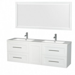 72 inch Double Bathroom Vanity in Glossy White, Acrylic Resin Countertop, Integrated Sinks, and 70 inch Mirror