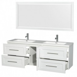 72 inch Double Bathroom Vanity in Glossy White, Acrylic Resin Countertop, Integrated Sinks, and 70 inch Mirror