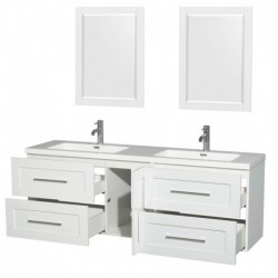 72 inch Double Bathroom Vanity in Glossy White, Acrylic Resin Countertop, Integrated Sinks, and 24 inch Mirrors
