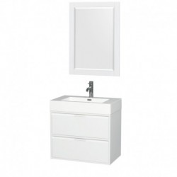 30 inch Single Bathroom Vanity in Glossy White, Acrylic Resin Countertop, Integrated Sink, and 24 inch Mirror
