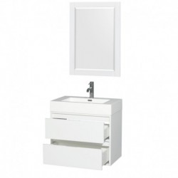 30 inch Single Bathroom Vanity in Glossy White, Acrylic Resin Countertop, Integrated Sink, and 24 inch Mirror