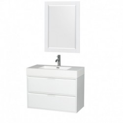 36 inch Single Bathroom Vanity in Glossy White, Acrylic Resin Countertop, Integrated Sink, and 24 inch Mirror