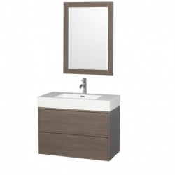 36 inch Single Bathroom Vanity in Gray Oak, Acrylic Resin Countertop, Integrated Sink, and 24 inch Mirror