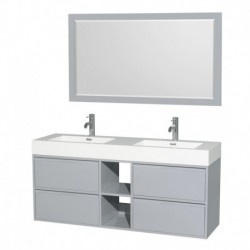 60 inch Double Bathroom Vanity in Dove Gray, Acrylic Resin Countertop, Integrated Sinks, and 58 inch Mirror