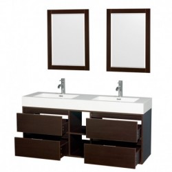 60 inch Double Bathroom Vanity in Espresso, Acrylic Resin Countertop, Integrated Sinks, and 24 inch Mirrors