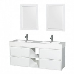 60 inch Double Bathroom Vanity in Glossy White, Acrylic Resin Countertop, Integrated Sinks, and 24 inch Mirrors