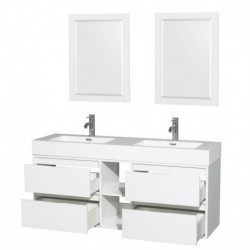 60 inch Double Bathroom Vanity in Glossy White, Acrylic Resin Countertop, Integrated Sinks, and 24 inch Mirrors