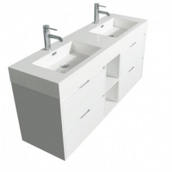 60 inch Double Bathroom Vanity in Glossy White, Acrylic Resin Countertop, Integrated Sinks, and 24 inch Mirrors