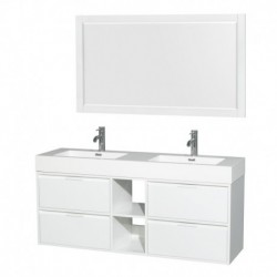 60 inch Double Bathroom Vanity in Glossy White, Acrylic Resin Countertop, Integrated Sinks, and 58 inch Mirror