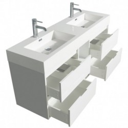 60 inch Double Bathroom Vanity in Glossy White, Acrylic Resin Countertop, Integrated Sinks, and 58 inch Mirror