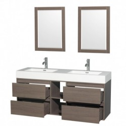 60 inch Double Bathroom Vanity in Gray Oak, Acrylic Resin Countertop, Integrated Sinks, and 24 inch Mirrors