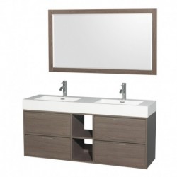 60 inch Double Bathroom Vanity in Gray Oak, Acrylic Resin Countertop, Integrated Sinks, and 58 inch Mirror