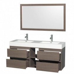 60 inch Double Bathroom Vanity in Gray Oak, Acrylic Resin Countertop, Integrated Sinks, and 58 inch Mirror