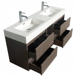 60 inch Double Bathroom Vanity in Gray Oak, Acrylic Resin Countertop, Integrated Sinks, and 58 inch Mirror