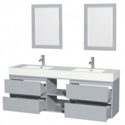 72 inch Double Bathroom Vanity in Dove Gray, Acrylic Resin Countertop, Integrated Sinks, and 24 inch Mirrors