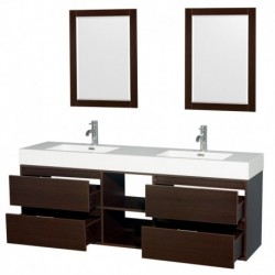 72 inch Double Bathroom Vanity in Espresso, Acrylic Resin Countertop, Integrated Sinks, and 24 inch Mirrors
