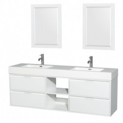 72 inch Double Bathroom Vanity in Glossy White, Acrylic Resin Countertop, Integrated Sinks, and 24 inch Mirrors