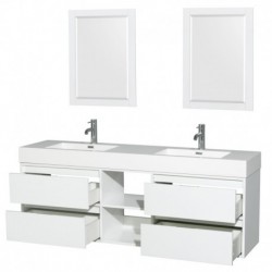 72 inch Double Bathroom Vanity in Glossy White, Acrylic Resin Countertop, Integrated Sinks, and 24 inch Mirrors