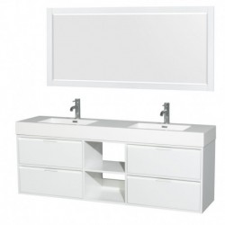 72 inch Double Bathroom Vanity in Glossy White, Acrylic Resin Countertop, Integrated Sinks, and 70 inch Mirror