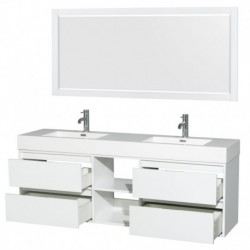 72 inch Double Bathroom Vanity in Glossy White, Acrylic Resin Countertop, Integrated Sinks, and 70 inch Mirror