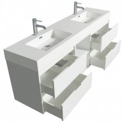 72 inch Double Bathroom Vanity in Glossy White, Acrylic Resin Countertop, Integrated Sinks, and 70 inch Mirror