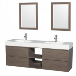 72 inch Double Bathroom Vanity in Gray Oak, Acrylic Resin Countertop, Integrated Sinks, and 24 inch Mirrors
