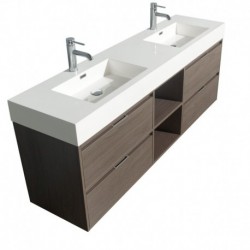72 inch Double Bathroom Vanity in Gray Oak, Acrylic Resin Countertop, Integrated Sinks, and 24 inch Mirrors