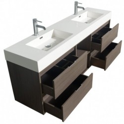 72 inch Double Bathroom Vanity in Gray Oak, Acrylic Resin Countertop, Integrated Sinks, and 24 inch Mirrors