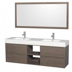 72 inch Double Bathroom Vanity in Gray Oak, Acrylic Resin Countertop, Integrated Sinks, and 70 inch Mirror