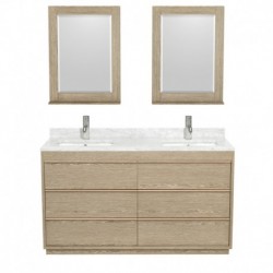 60 inch Double Bathroom Vanity in Ash Gray, White Carrera Marble Countertop, Undermount Square Sinks, and 24 inch Mirrors