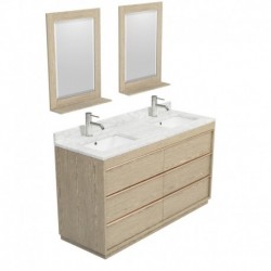 60 inch Double Bathroom Vanity in Ash Gray, White Carrera Marble Countertop, Undermount Square Sinks, and 24 inch Mirrors