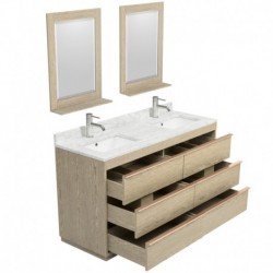 60 inch Double Bathroom Vanity in Ash Gray, White Carrera Marble Countertop, Undermount Square Sinks, and 24 inch Mirrors