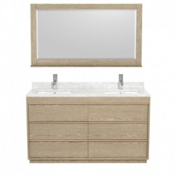 60 inch Double Bathroom Vanity in Ash Gray, White Carrera Marble Countertop, Undermount Square Sinks, and 58 inch Mirror