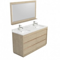 60 inch Double Bathroom Vanity in Ash Gray, White Carrera Marble Countertop, Undermount Square Sinks, and 58 inch Mirror