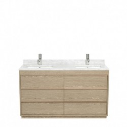 60 inch Double Bathroom Vanity in Ash Gray, White Carrera Marble Countertop, Undermount Square Sinks, and No Mirror